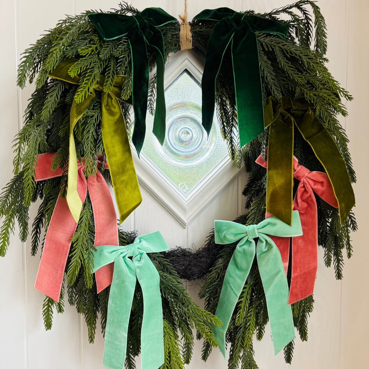 Faux Wreath Emerald, Olive, Mint & Coral Velvet Bow Wreath – Complete Your Order
